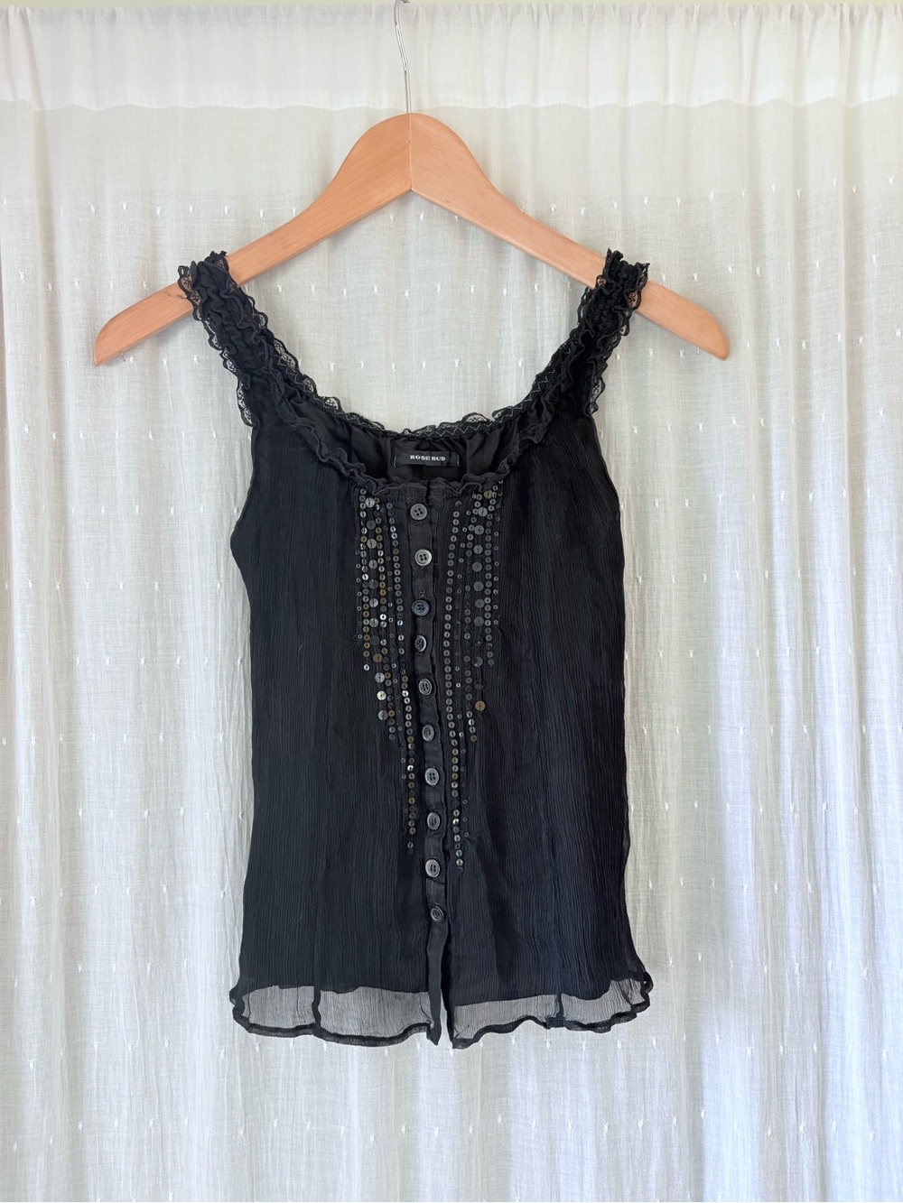 Rosebud Black Ruffled Sequin Button-Front Camisole